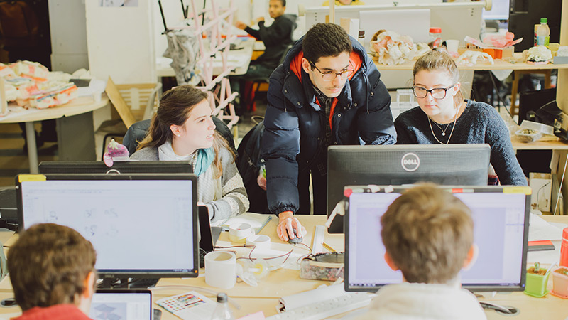Students working in the library