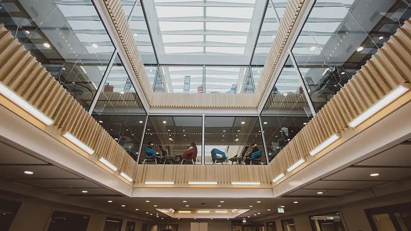 Looking up at the upper floors of the Teaching building's central atrium