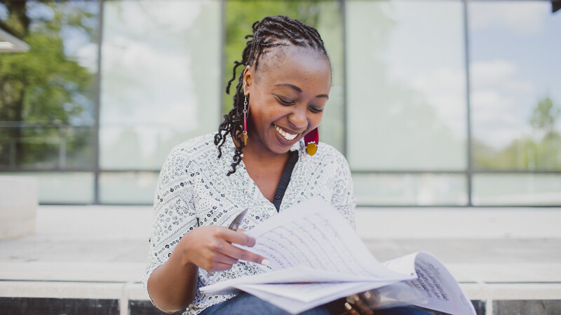 Student reading a document