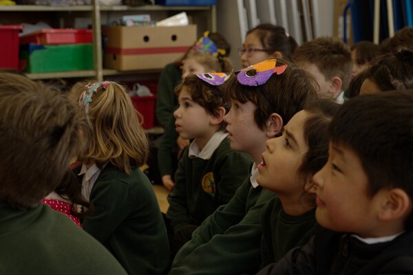 Smiling children sat on floor