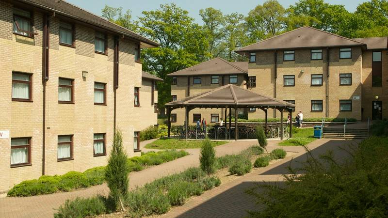 Clive Booth Hall external - three story buildings with pathways and covered bicycle storage.