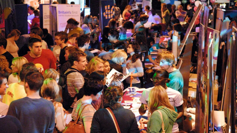 A crowd at a student fair