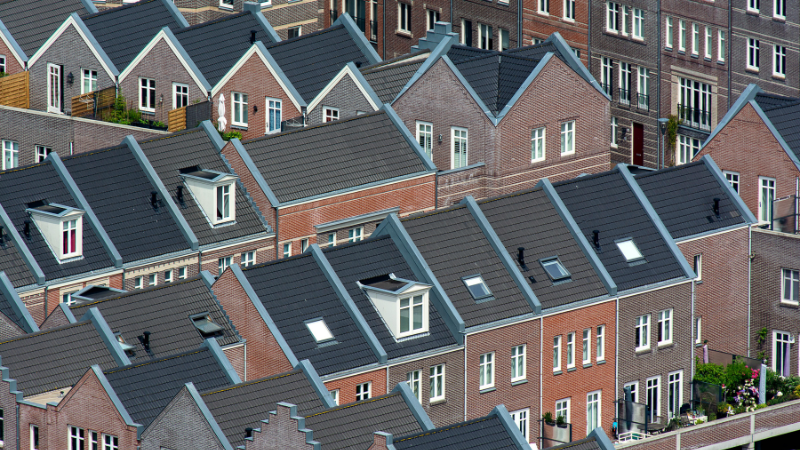 An aerial view of houses. 