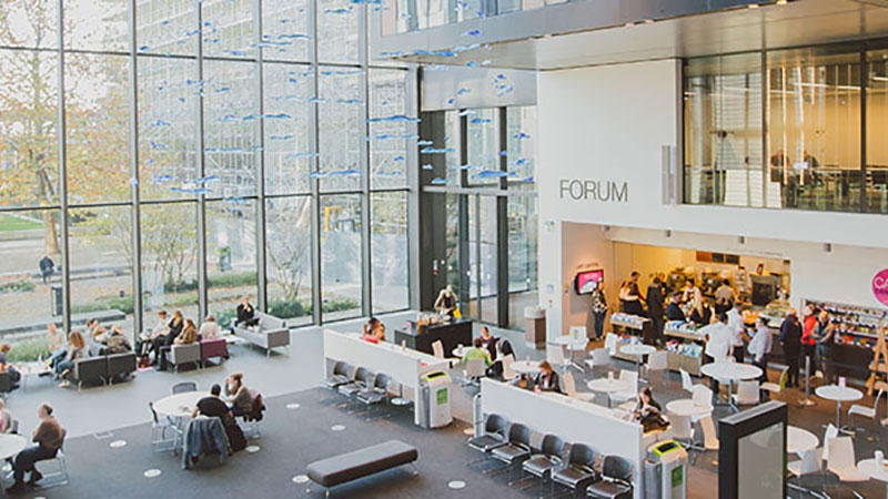 Photograph of the Forum cafe and seating area in John Henry Brookes Building, Headington Campus